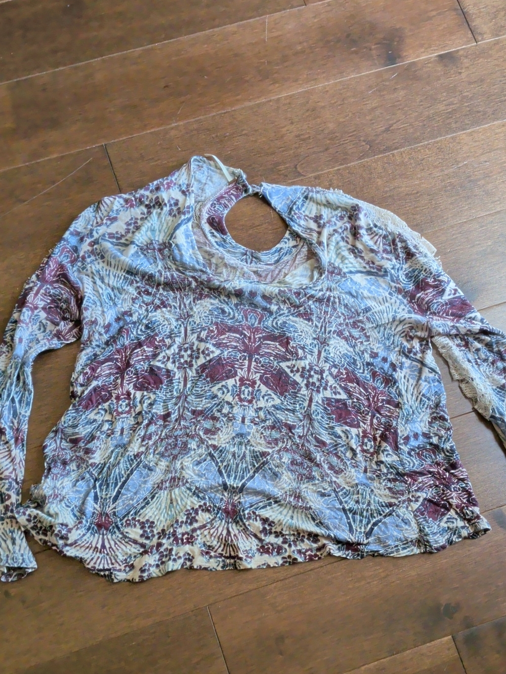Free People Long Sleeve Keyhole Top in Burgundy & Light Blue